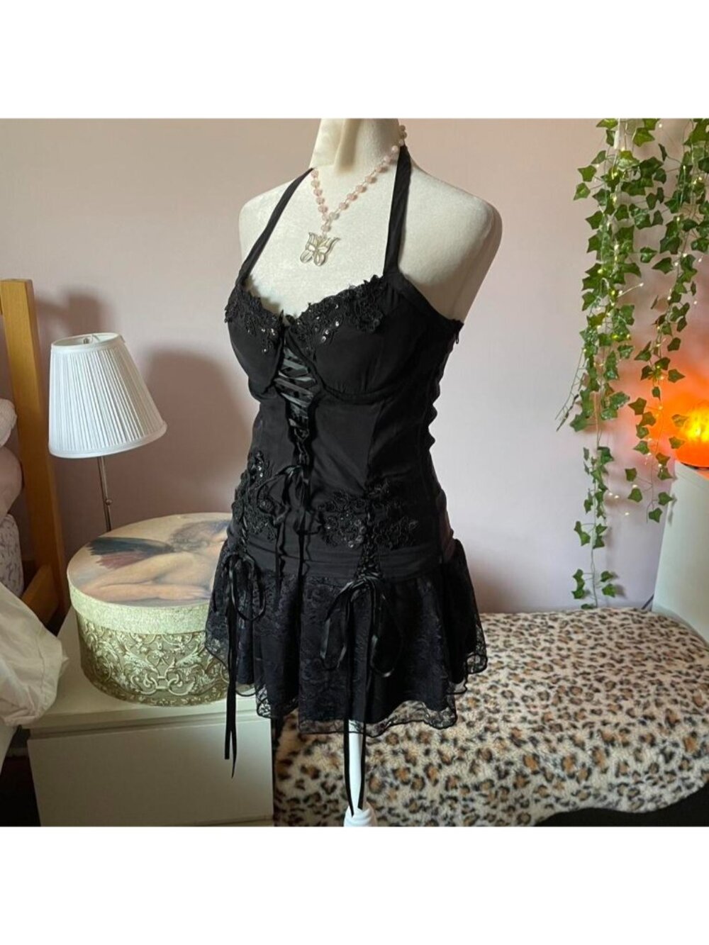 Black fairy halter top with sequin, embroidery and lace up details